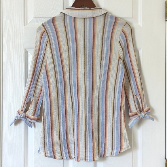 Soft Surroundings Colorful Striped Gauze Tied Quarter Sleeve Button Down Top XSP - Picture 9 of 10